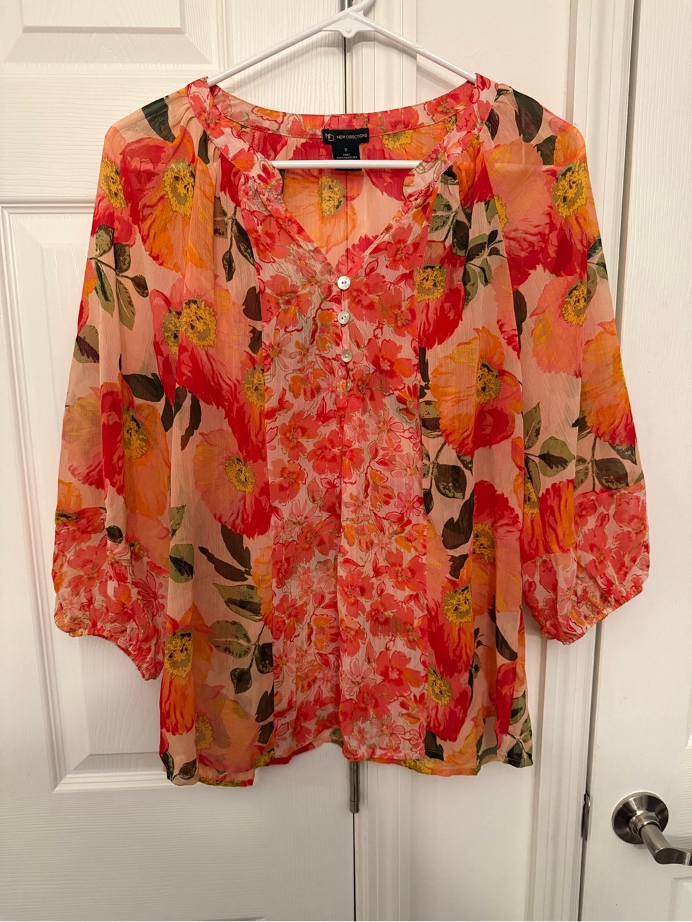 new directions Coral Floral Sheer Button-Front Blouse